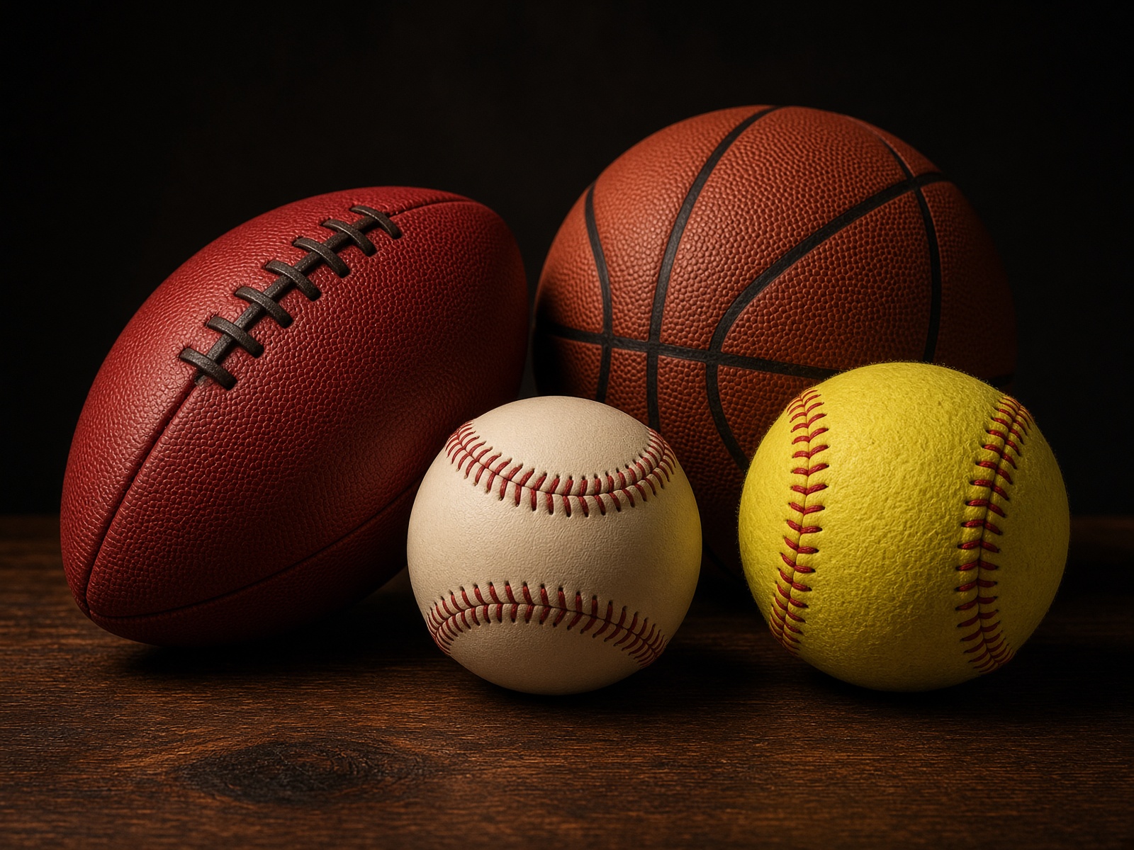 Football, baseball, basketball, and softball on a dark table